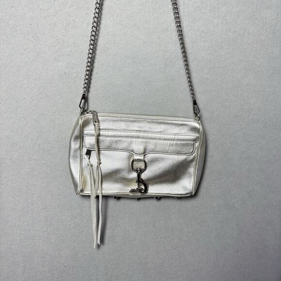 Rebecca Minkoff Silver Pebble Leather Crossbody Bag with Silver Chain Strap - Picture 3 of 9